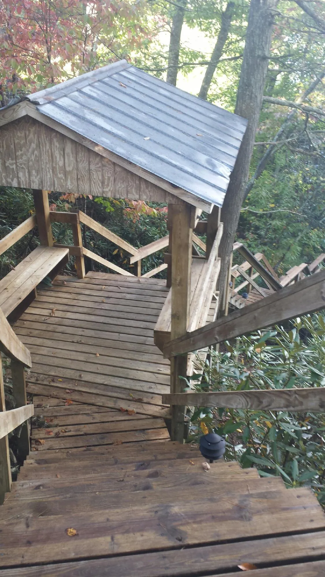 Metal roofed shelter over wooden steps on a wooded walkway — Skylight Repair & Installation work by our crew in Waskom